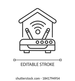 Internet connection linear icon. Wi Fi router with two antennas. Home internet. Wireless network. Thin line customizable illustration. Contour symbol. Vector isolated outline drawing. Editable stroke