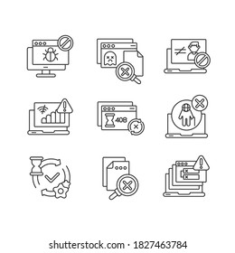 Internet connection linear icons set. Various web pages errors and notifications customizable thin line contour symbols. Network status. Isolated vector outline illustrations. Editable stroke