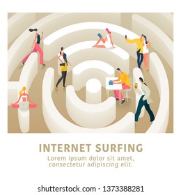 Internet connection and modern people vector concept flat illustration, banner. Surfing online with different gadgets in an abstract maze 