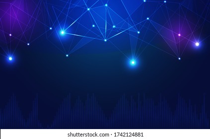 Internet Connection or Network Connection Background With Neon Effect. Low Poly, Dot, Circle, Line, Light. Digital Science Technology Concept. Digital Technology Backdrop. Vector Illustration