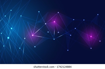 Internet Connection or Network Connection Background With Neon Effect. Low Poly, Dot, Circle, Line, Light. Digital Science Technology Concept. Digital Technology Backdrop. Vector Illustration