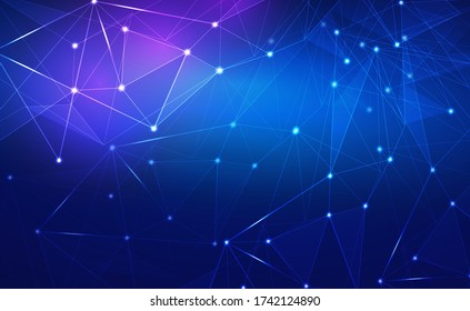 Internet Connection or Network Connection Background With Neon Effect. Low Poly, Dot, Circle, Line, Light. Digital Science Technology Concept. Digital Technology Backdrop. Vector Illustration