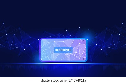 Internet Connection or Network Connection With Neon Effect. Smartphone Low Poly, Dot, Circle, Line, Light. Digital Science Technology Concept. Digital Technology Backdrop. Vector Illustration