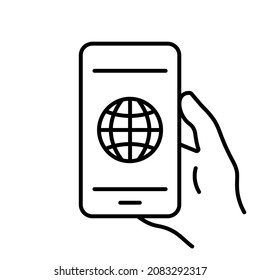 Internet Connection On Mobile Phone Line Icon. Smartphone In Hand With Globe On Screen Linear Pictogram. Online Website In Cell Phone Outline Icon. Editable Stroke. Isolated Vector Illustration.