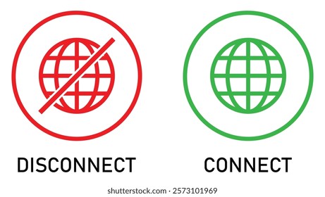 Internet connection online and offline icon. Set of connect and disconnect internet connection icons red and green. Globe icon with no signal and good signal sign symbol. Vector illustration.