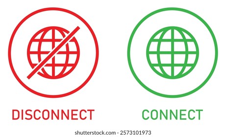 Internet connection online and offline icon. Set of connect and disconnect internet connection icons red and green. Globe icon with no signal and good signal sign symbol. Vector illustration.