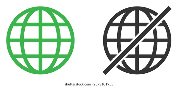 Internet connection online and offline sign icon. Set of online and offline internet connection icons green and black color. Globe icon with no signal and good signal sign symbol. Vector illustration.