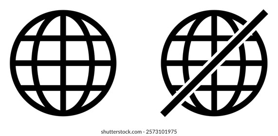 Internet connection online and offline sign. Set of online and offline internet connection icons black color. Globe icon with no signal and good signal sign symbol. Flat style. Vector illustration.