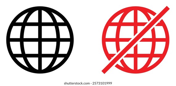 Internet connection online and offline sign symbol. Set of online and offline internet connection icons black and red color. Globe icon with no signal and good signal sign symbol. Vector illustration.