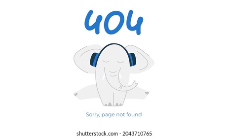 Internet connection problem concept illustration. 404 not found error page isolated on white background. Funny gray elephant with headphones. Isolated vector illustrations.