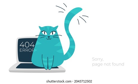 Internet connection problem concept illustration. 404 not found error page, isolated on white background. A funny blue cat sits on a laptop. Isolated vector illustrations.