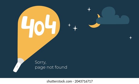 Internet connection problem concept illustration. 404 not found error page isolated on black background. A funny flashlight shines on the starry sky with a month. Isolated vector illustrations.