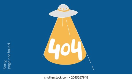 Internet connection problem concept illustration. 404 error page not found isolated on blue background. Funny flying saucer with light. Isolated vector illustrations.