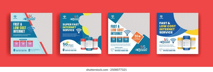 Internet connection service social media posts, ads, banner templates, promotional square flyersor poster designs