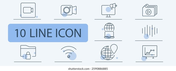 Internet connection set icon. Download, video call, recording, sound waves, global location, Wi-Fi, streaming, speaker, media files, online connection, analytics, secure folder.