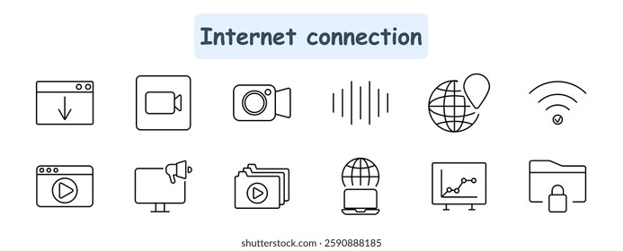 Internet connection set icon. Download, video call, recording, sound waves, global location, Wi-Fi, streaming, speaker, media files, online connection, analytics, secure folder.