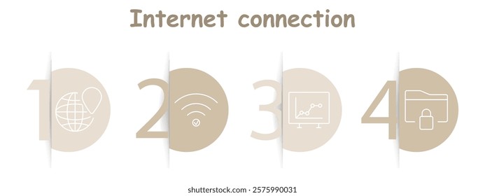 Internet connection set icon. Globe with pin, Wi-Fi with checkmark, graph on monitor, secure folder, online access, analytics, data safety, connectivity.