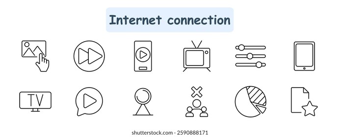 Internet connection set icon. Image selection, fast forward, mobile video, TV, settings, tablet, streaming, play button, webcam, disconnected network, analytics, favorite file.