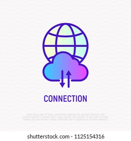 Internet connection thin line icon: globe with cloud and arrows. Modern vector illustration.