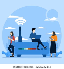 internet connection using concept, Two people with wifi router, Man and woman in casual dress using internet connection. Flat design vector illustration on blue background.