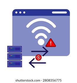 Internet connection and wifi error concept. Server, browser and warning sign showing network failure, system downtime, lost data transfer and offline communication problem.