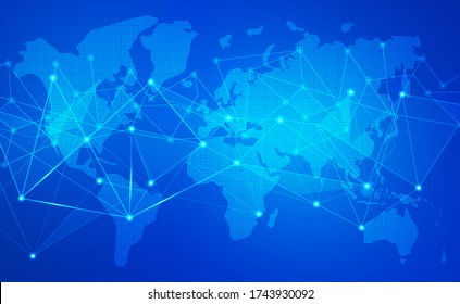 Internet Connection and world map Background With Neon Effect. Low Poly, Dot, Circle, Line, Light. Digital Science Technology Concept. Digital Technology Backdrop. Vector Illustration