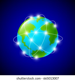 Internet connections and network around the globe. Represented by a global international sphere showing the communications among cities and continents. Icon design, illustration.