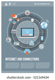 Internet, connections and social media concepts on a network with laptop connecting at center, page layout