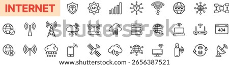 Internet and Connectivity Line Icon Set Featuring WiFi Signal, Cloud Storage, Router, Globe, 404 Error, Satellite, Network Hub, Mobile Signal, Server, API, Download, Upload, and Online Security Icon D