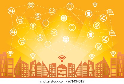 Internet connectivity Network concept, multimedia and data communication world connecting. Vector illustration. Silhouette sunset over city in the City Sunburst Backgrounds.