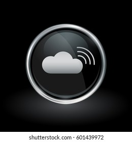 Internet connectivity symbol with cloud wifi icon inside round chrome silver and black button emblem on black background. Vector illustration.
