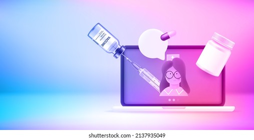 Internet consultation with the doctor via modern laptop. 3d vector banner with copy space