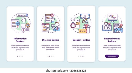 Internet consumer behavior onboarding mobile app page screen with concepts. Information seekers walkthrough 4 steps graphic instructions. UI, UX, GUI vector template with linear color illustrations