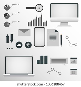 Internet Content Concept. Illustration With Laptop Computers And Mobile Phone, Web Icons And Statistics Charts On Gray Background. Vector, Square