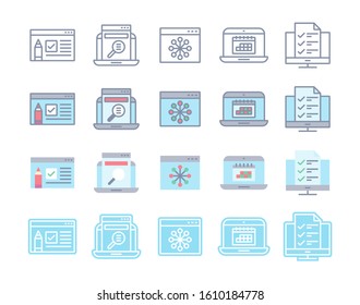 Internet content content icons in flat, line, glyph and combined style. Video information, text and images for websites. Marketing elements for web development.