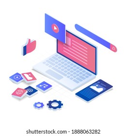 Concepto de ilustración isométrica del vector de contenido de Internet. Ilustración para sitios web, páginas de inicio, aplicaciones móviles, afiches y banners.