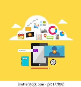 Internet contents illustration. Cloud storage, web contents, mobile technology.