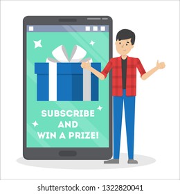 Internet contest. Subscribe and win prize. Internet competition. Gift box on the mobile screen. Award for winner. Isolated vector illustration in cartoon style