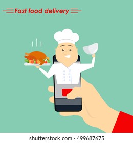 Internet cook. The concept of e-commerce: on-line food ordering website. Fast food delivery service online courses. Flat vector illustration.