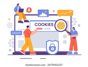 Ilustración vectorial de Tecnología de cookies de Internet con seguimiento de registros de cookies de actividad de navegación en un Sitio web en un fondo plano de estilo de dibujos animados