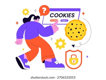 Ilustración vectorial de Tecnología de cookies de Internet con registros de cookies de seguimiento de las actividades de navegación del usuario en un Sitio web en un fondo plano