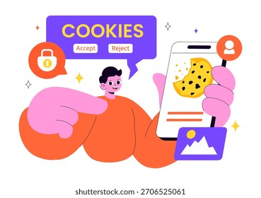 Internet-Cookies Technologie Vektorgrafik mit Tracking-Cookies Aufzeichnungen von Browseraktivitäten von Benutzern auf einer Website auf ebenem Hintergrund