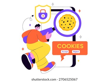 Ilustración vectorial de Tecnología de cookies de Internet con registros de cookies de seguimiento de las actividades de navegación del usuario en un Sitio web en un fondo plano
