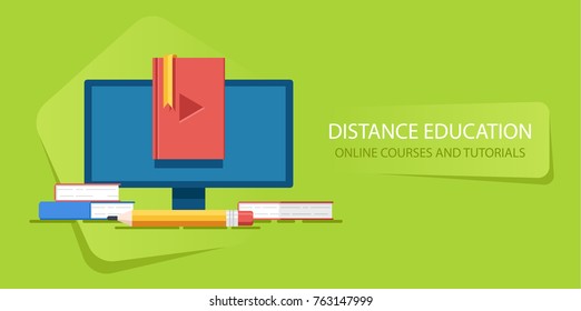 Internet course and remote distance education online vector, computer screen and book with play button flat vector illustration