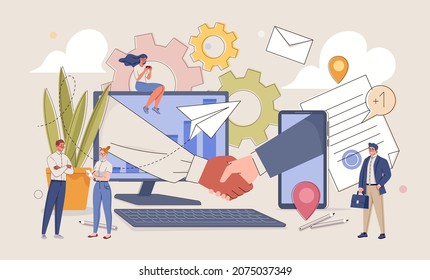 Internet is creating borderless space for business people from all over world. Global cooperation. Businessmen shake hands on phone and computer. Vector illustration in flat cartoon style.
