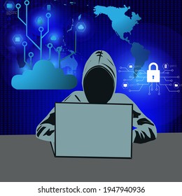 Internet crime concept. Hacker working on dark digital background . network security concept.vector illustration