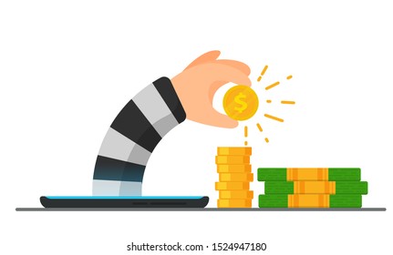 Internet crime hacker. The hacker's hand appears from a mobile phone to steal a dollar.