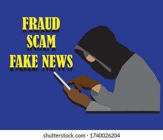 Internet Crime Hacker. The Hacker's Using A Mobile Phone To Scam, Fraud And Deliver Fake News To Unsuspected Victim. 