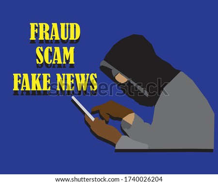 Internet crime hacker. The hacker's using a mobile phone to scam, fraud and deliver fake news to unsuspected victim. 