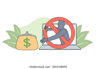 Internet crime and money fraud concept. Man hacker pulling his hand to wallet, money, credit cards vector isolated illustration 